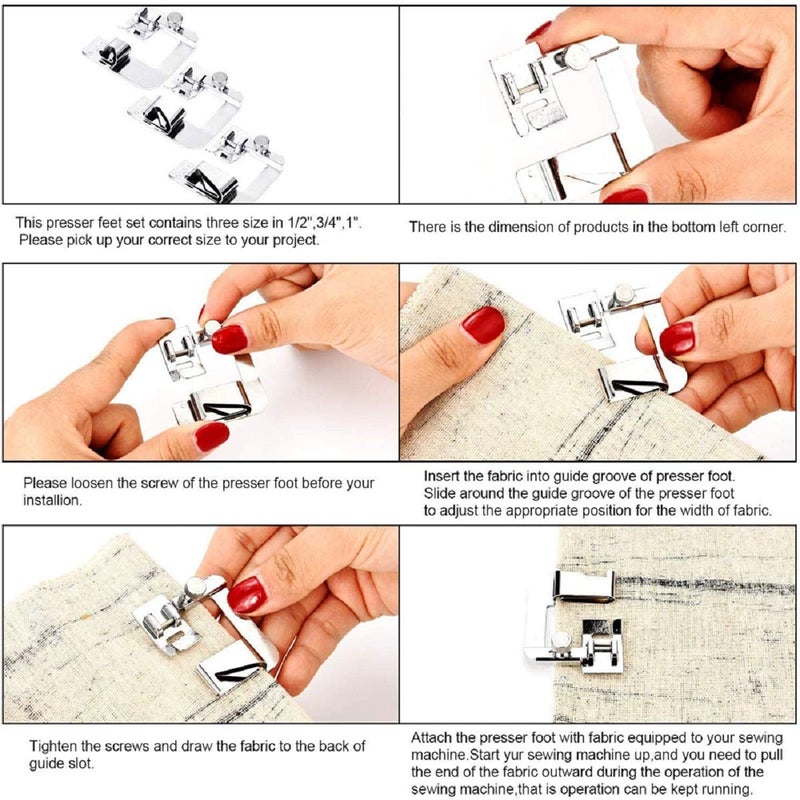 Stormshopping Wide Rolled Hem Presser Foot Set, 3 Pieces Rolled Hemmer Presser Foot Kit (1/2 Inch, 3/4 Inch, 1 Inch) for Singer, Brother, Janome and Other Low Shank Sewing Machines Accessories - Image 3